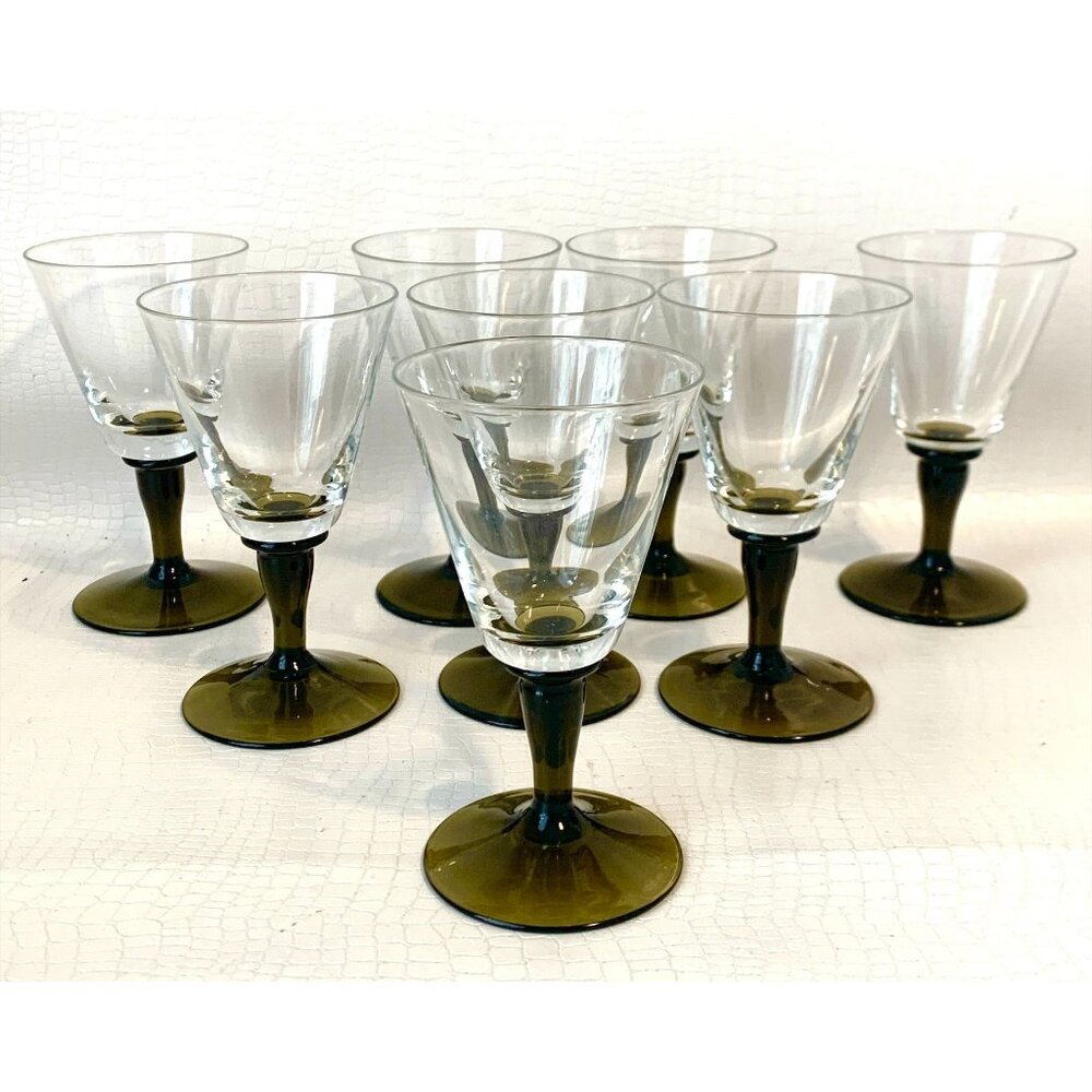 8 MCM Wine Glasses Smoke Green Stem Cordials Cocktail Wine Glass Vintage Barware